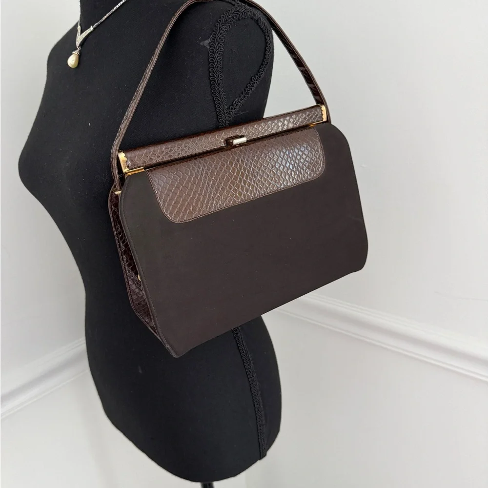 Vintage 1960s Life Stride Brown Snakeskin Embossed Top Handle Bag MCM Structured